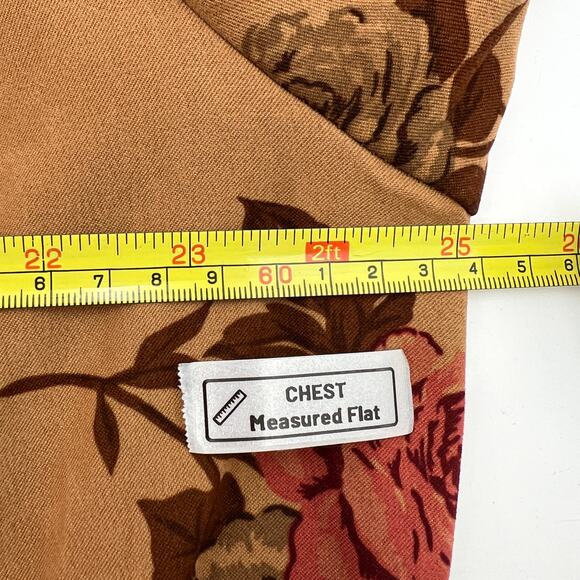 Rose Printed Button Up Shirt Long Sleeves Brown White Stage Top - Picture 4 of 9